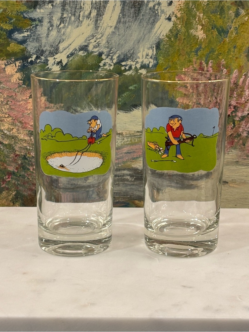 Vintage Ashby Comic Golf Highball Glasses - Set of 2 Mint 70’s Gold Rim